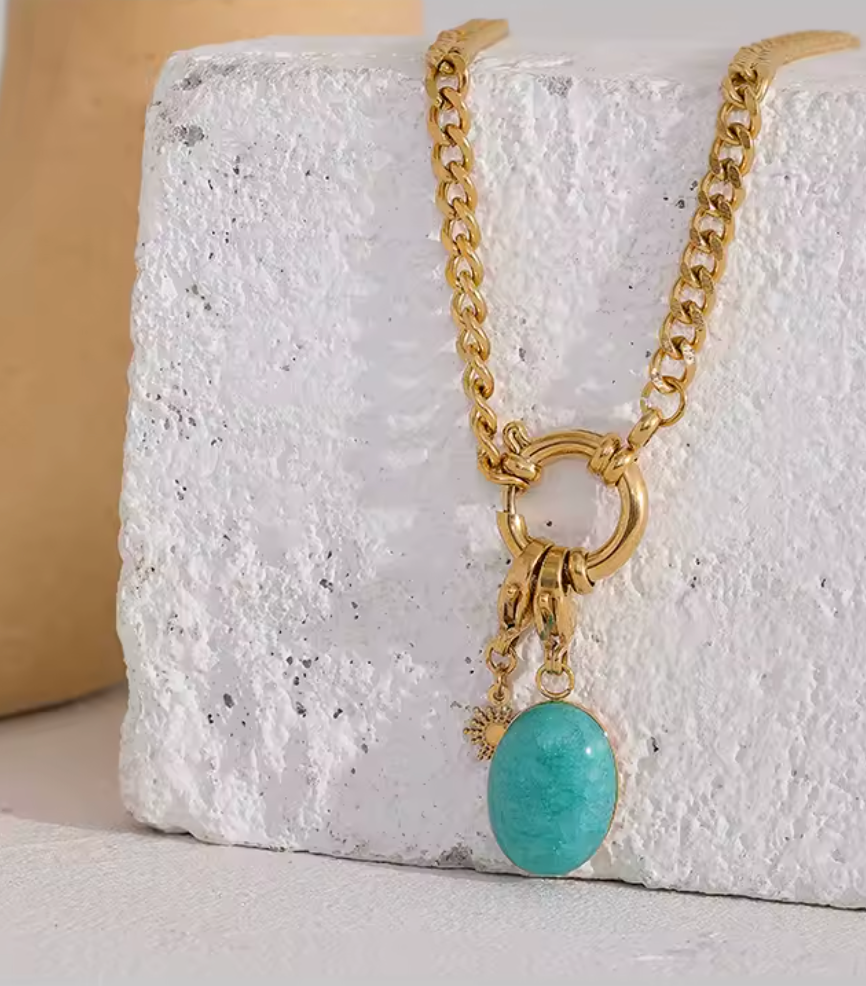 Stainless Steel Blue Natural Stone Star Chain Collar Necklace