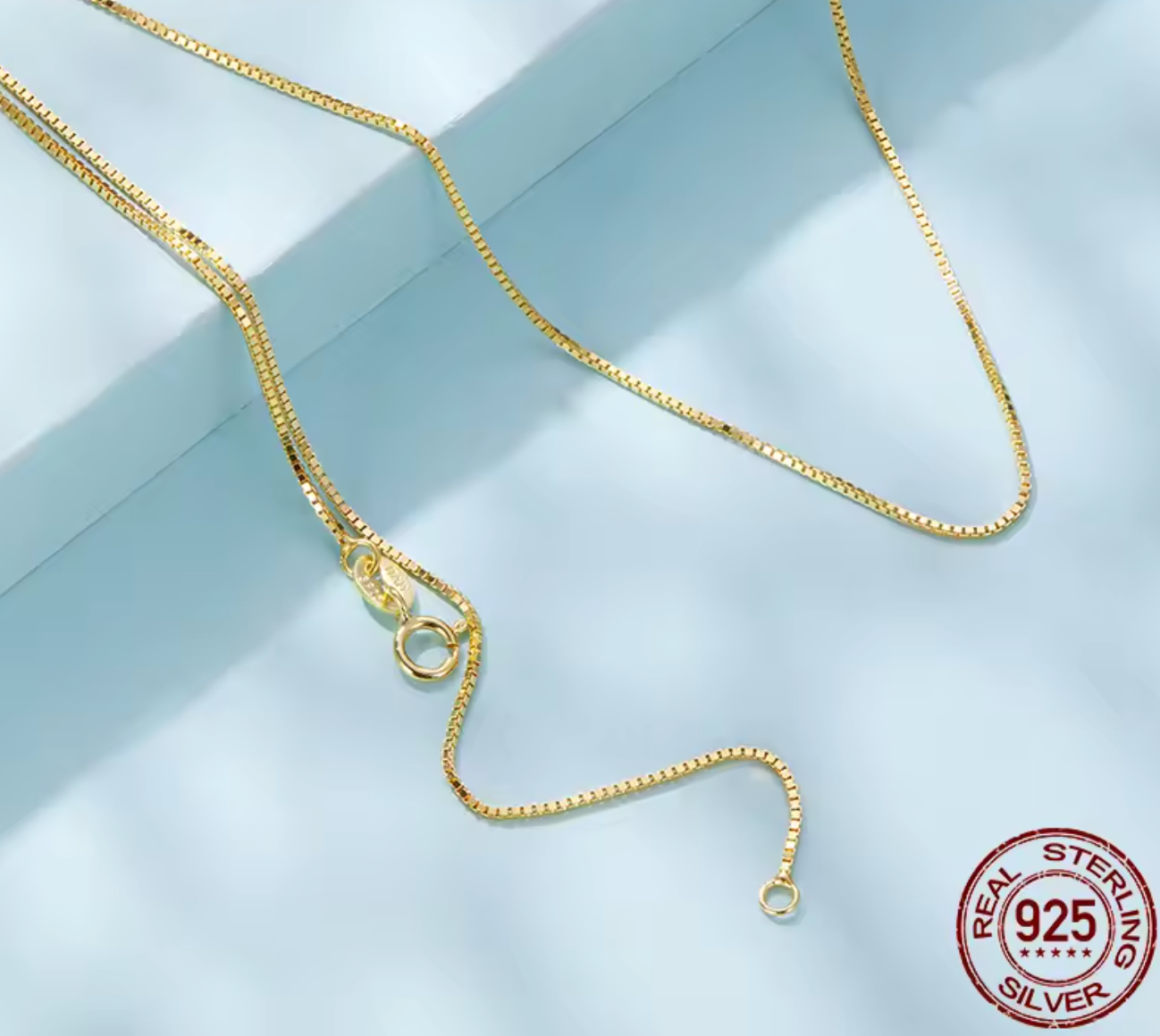 Solid Gold Over 925 Sterling Silver Box Chain Necklace